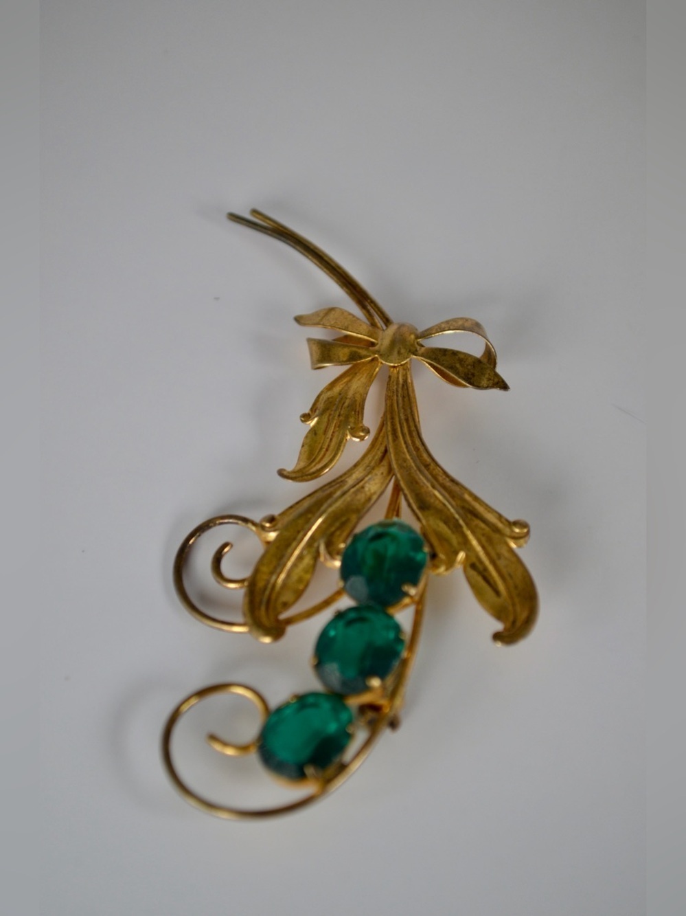 Rare Antique Gold over Sterling Silver Signed Green Rhinestones & Bow 4” Brooch